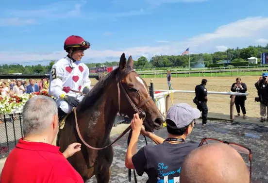 A jockey in white and red heart-patterned silks sits atop a dark brown horse in the winner's circle at a racetrack.